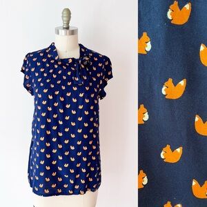 Modcloth Squirrel Blouse, Navy Blue and Orange with a Tie Neckline, Novelty